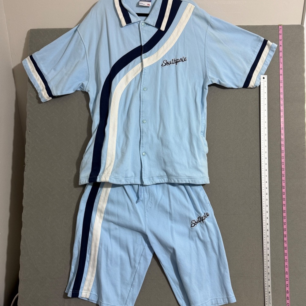 Southpole Mens 2 Piece Set Light Blue Mesh Button Up Shirt Shorts XL Vintage Y2K